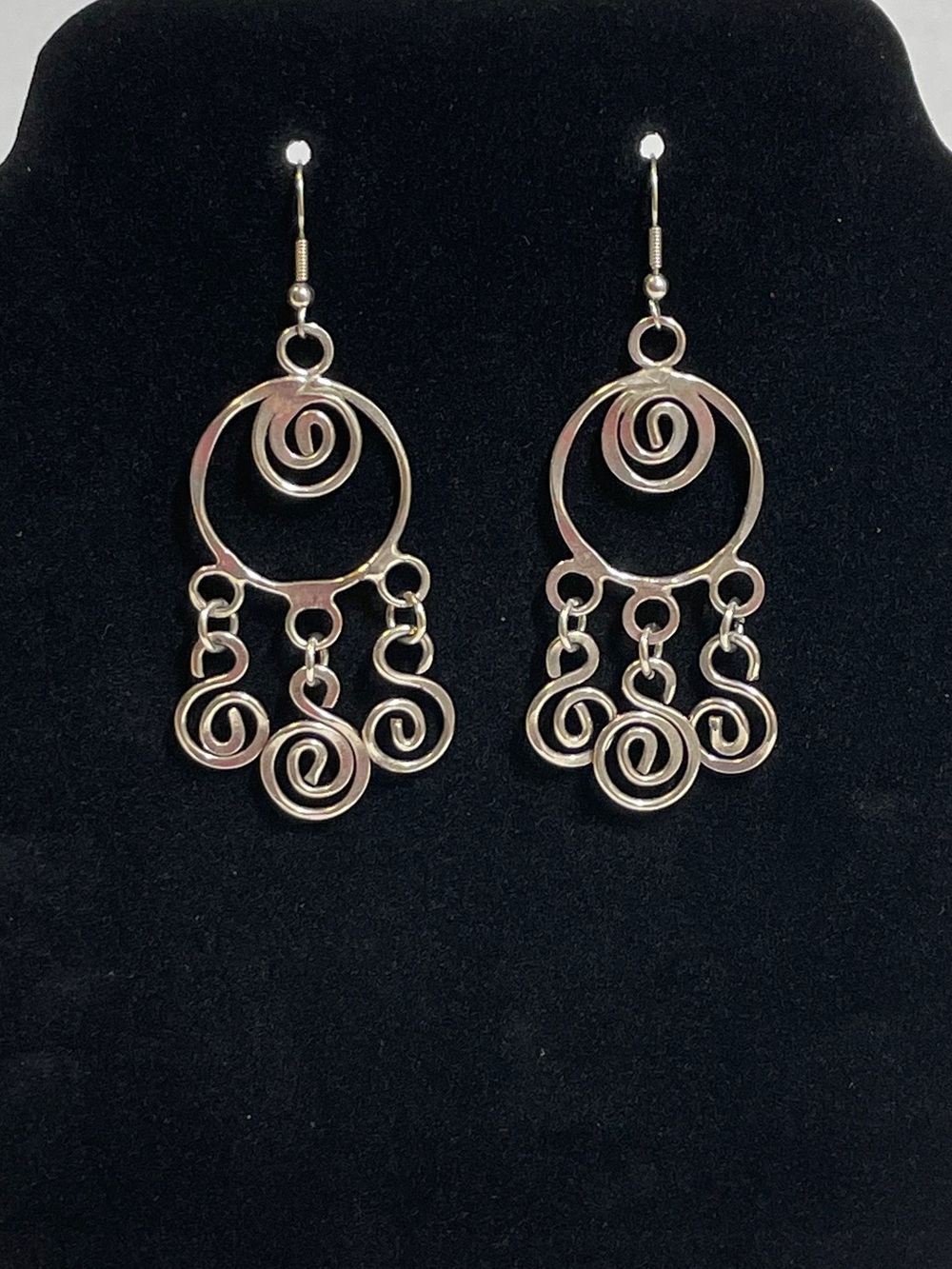 Handmade Silver Tone (plated?) swirly earrings With Swirly Fringe ~3” Dangling